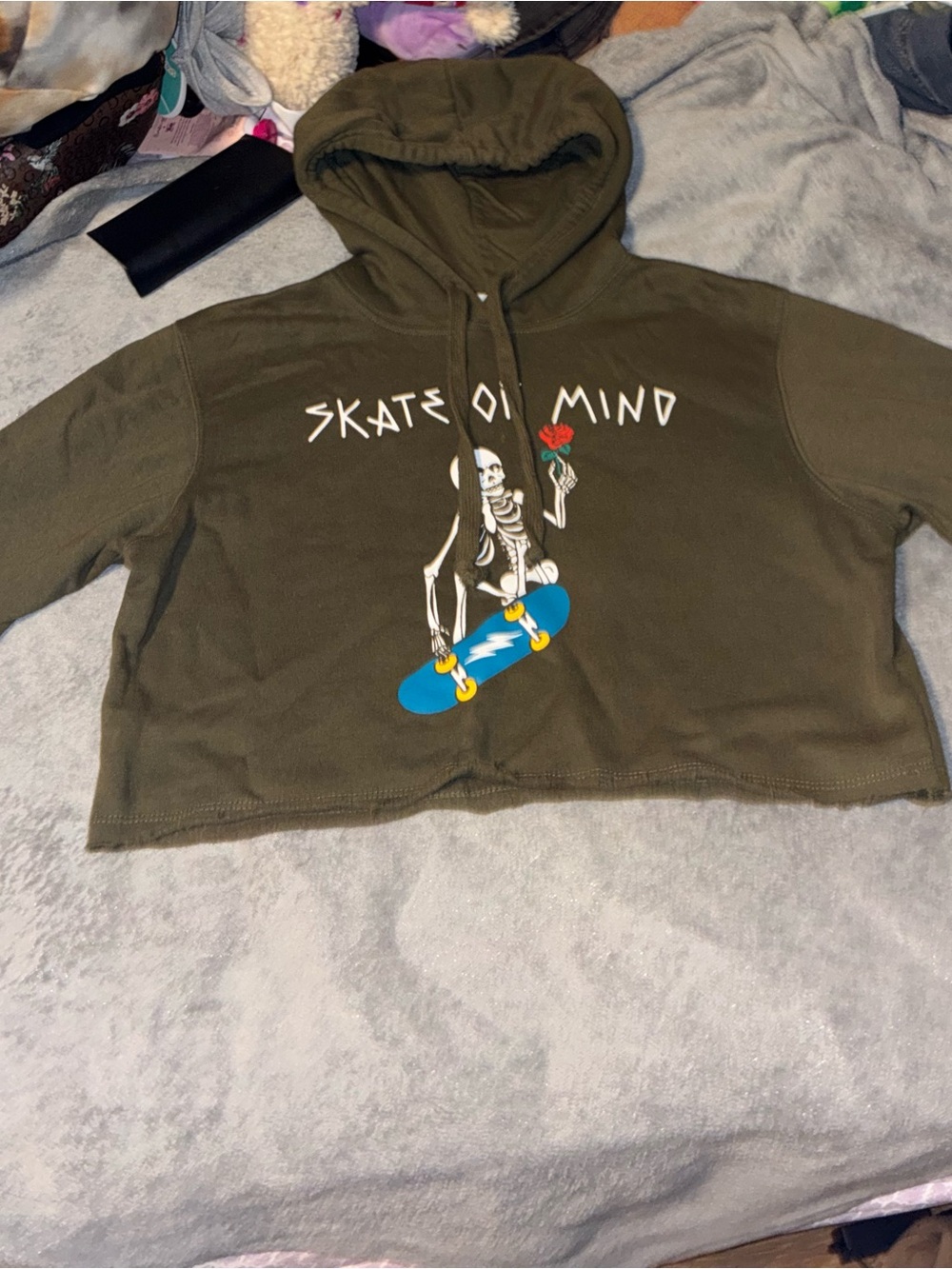 Skate or Mind Olive Cropped Hoodie with Skeleton Graphic